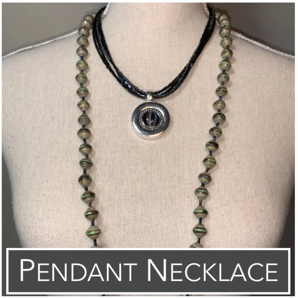 5-Strand Pendant Necklace,‎ Silver-tone Pendant Inlaid Black Stone & Bead Detail